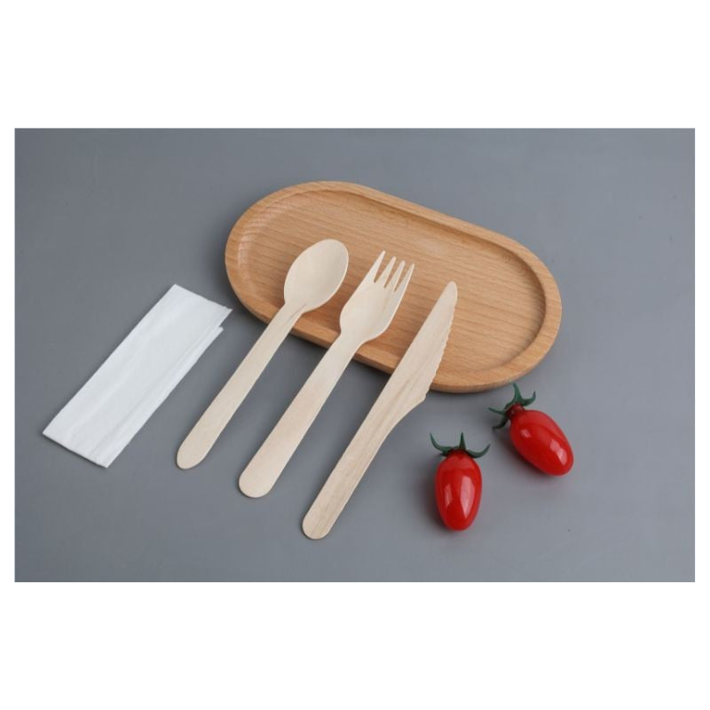 Kit de 4 Pièces - Couverts en Bois : Couteau, Fourchette, Grande Cuillère, Serviette - Lot de 500